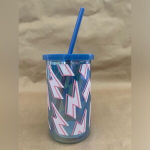 Glass soda bottle tumbler with plastic lid and straw